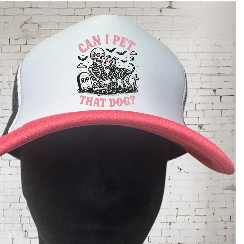 Handmade White and Pink Trucker Hat with can I Pet that Dog. NWOT